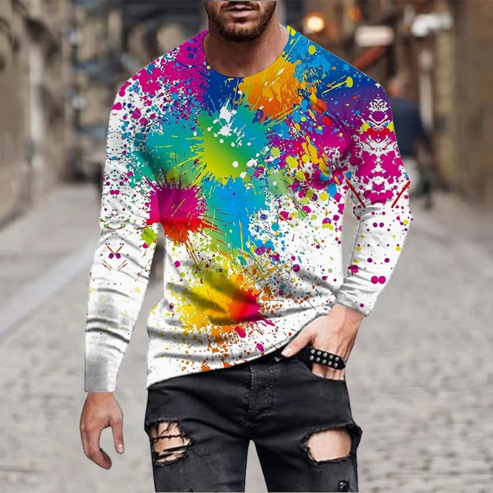 Men'S Fashion 2025 - Herren Regenbogen-Farbspritzer 3D-Druck Langarm-T-Shirt Buntes Tintengraffiti-Tee