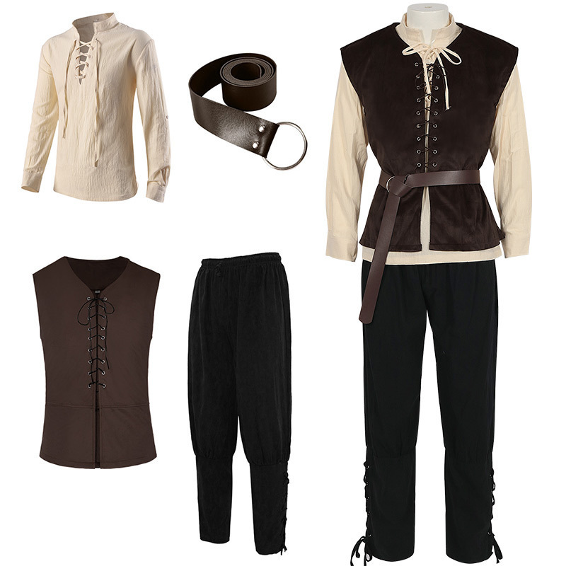 Mens Fashion Vest - 4-teiliges Herren-Halloween-Renaissance-Kostüm-Set Mittelalterliche Weste Hemd Knöchelbündige