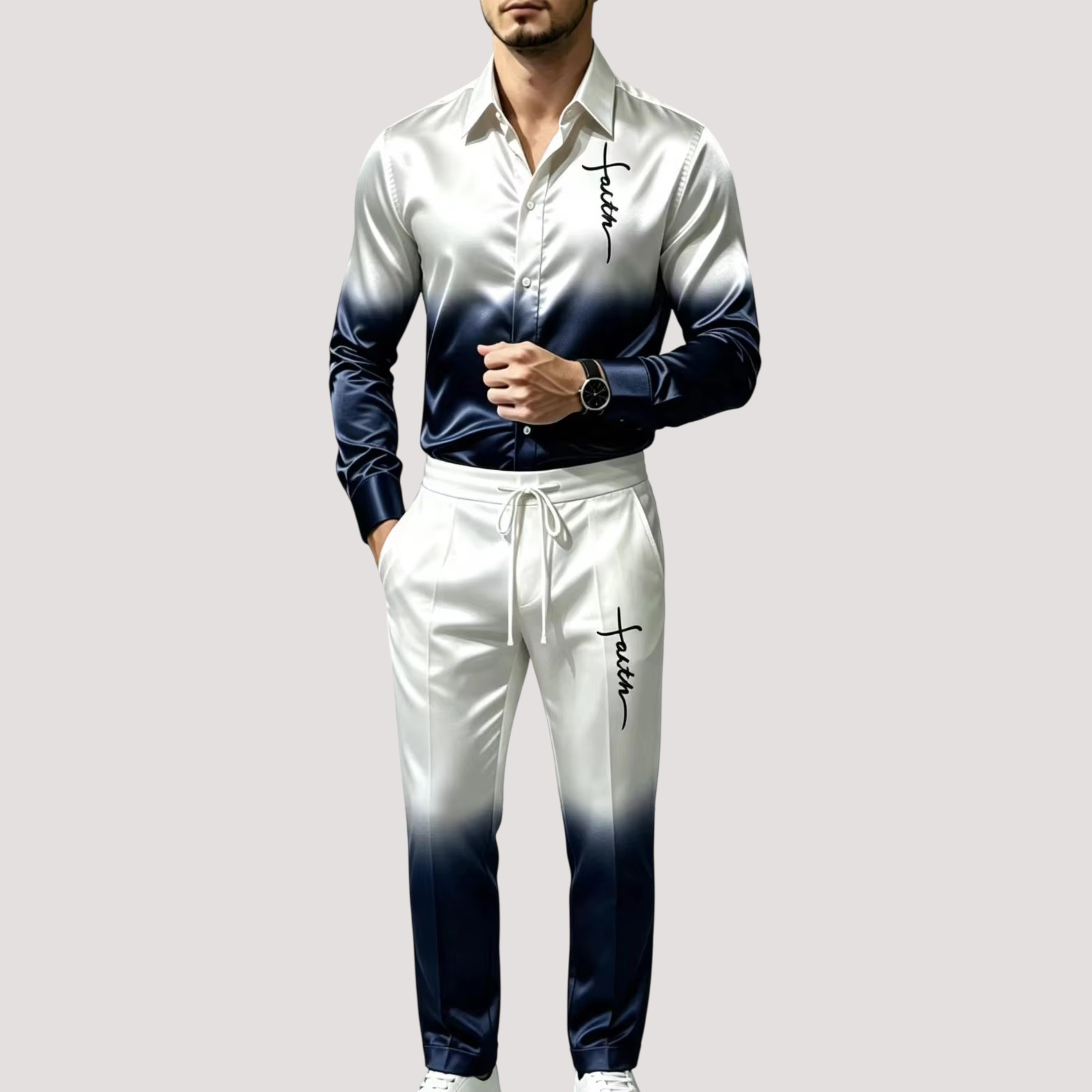 Mens Fashion Workwear - Herren-Satin-Seiden-Sportanzug Zweiteiliges Set Farbverlauf Langarmhemd mit