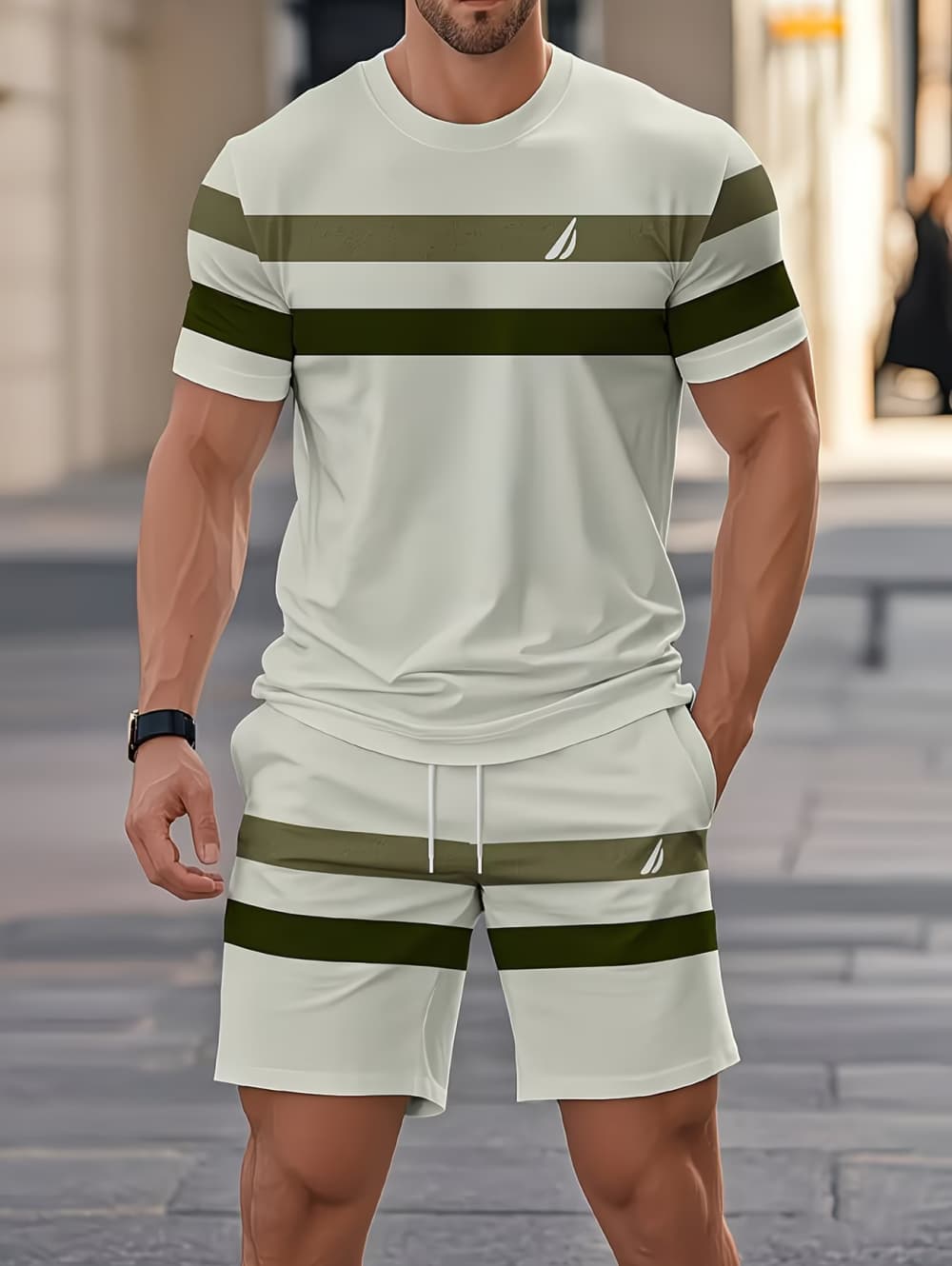 Mens Fashion Workwear - Herren-Sommer-Sets, lustiges 3D-Streifen-Print-Kurzarm-T-Shirt + Shorts, 2-teiliges