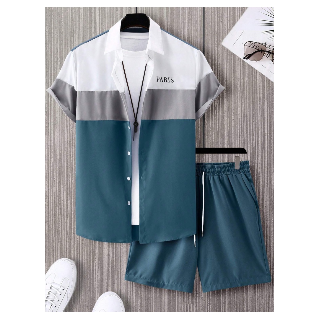 Mens Fashion Workwear - Herrenmode-Anzug, blau-weiß patchworkfarben, einreihig, kurzärmeliges Revershemd