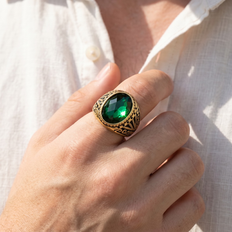 Men'S Fashion Lk - Retro Grüner Hochwertiger Edelstein-Ring Punk US