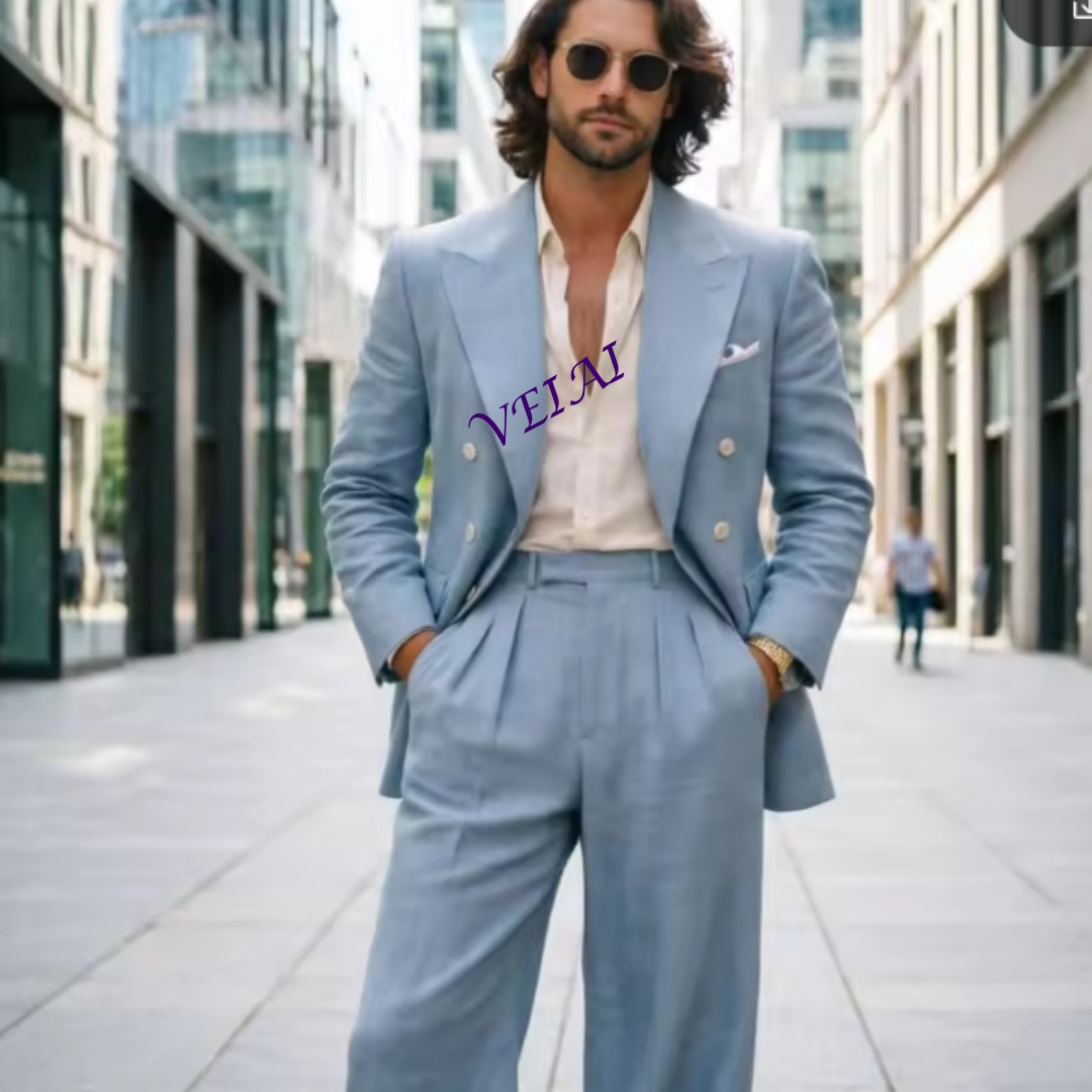Hellblauer Leinen-Doppelreihen – Slim Fit Blazer Men Bewertung und Preis